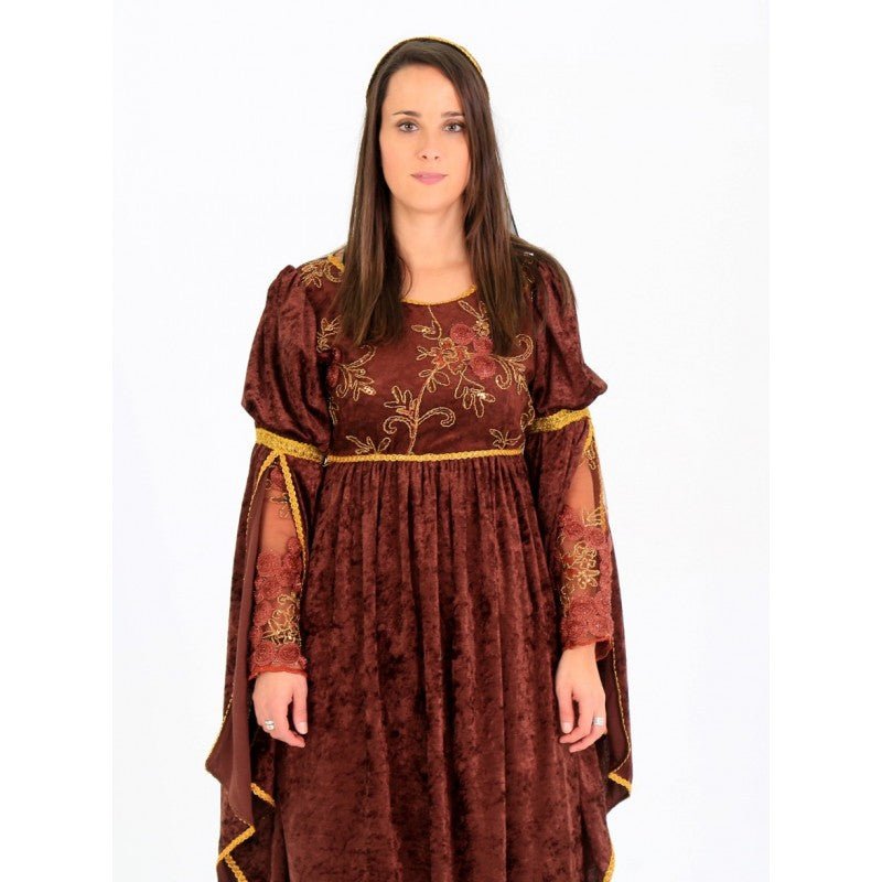 Vestido medieval de mujer burdeos con bordado dorado y mangas abullonadas