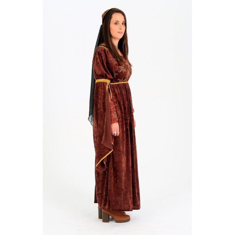 Vestido medieval burdeos con faldón fruncido, cinturón con lazo y adorno dorado