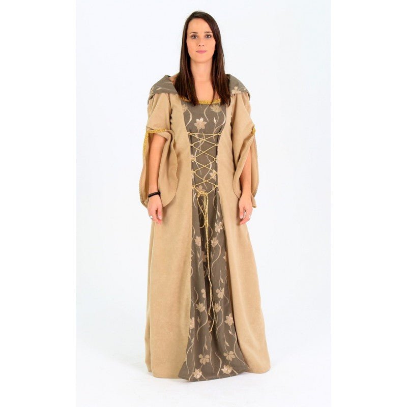 Vestido medieval beige de manga corta con capucha, frente con cordones y estampado oscuro