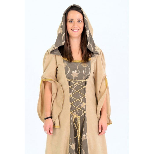 Vestido medieval con capucha y cordones frontales, color beige y panel floral oscuro