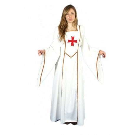 Vestido medieval blanco con cruz roja en el pecho y mangas largas amplias