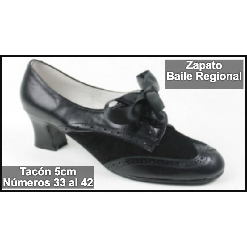 Zapato de ante y piel para traje regional negro, tacón 5 cm y moño